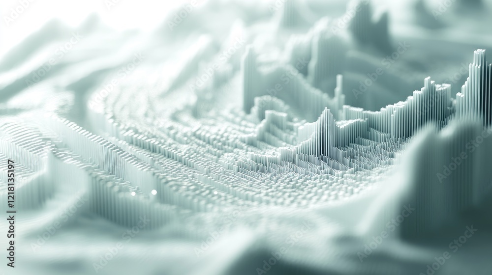 Poster An abstract 3D background with a digital chart on a light grey backdrop, featuring shallow depth of field and space for data-driven content