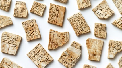 Scattered ancient clay tablets, hieroglyphs, white background, archeological study, history