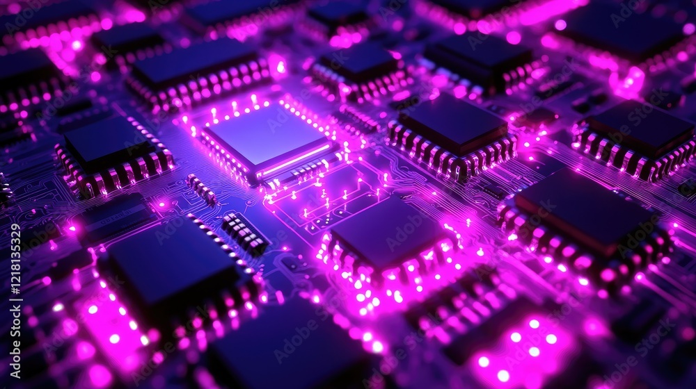Aufkleber an abstract 3d image of connected microchips and their intricate circuit diagram, glowing with energ