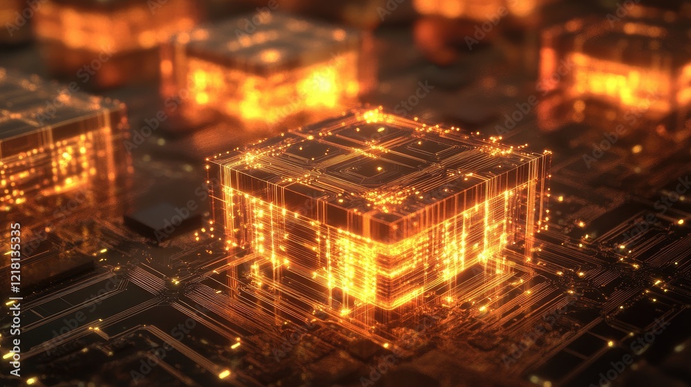 Poster an abstract 3d image of connected microchips and their intricate circuit diagram, glowing with energ