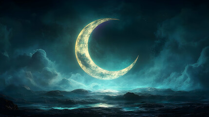 Fototapeta premium Sparkling Crescent Moon Over a Cityscape at Night