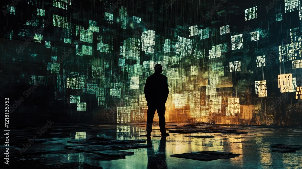 Poster An abstract image of a suspicious hacker in a dark room, surrounded by floating digital codes, representing identity theft and cybercrime activities