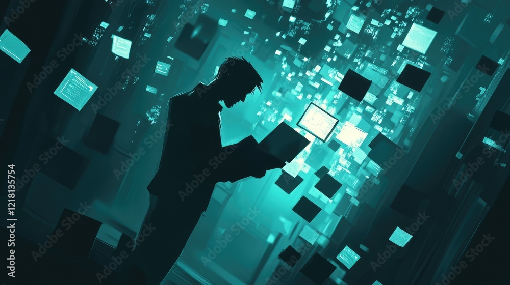 Poster An abstract image of a suspicious hacker in a dark room, surrounded by floating digital codes, representing identity theft and cybercrime activities