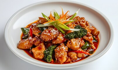 Spicy Chicken Stir-fry, Studio Shot, Garnish, White Background, Menu