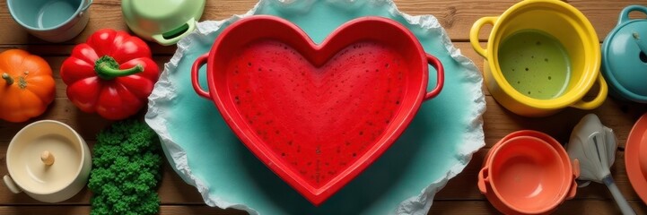 Red heart formed from colorful colanders, vibrant kitchenware, graphic