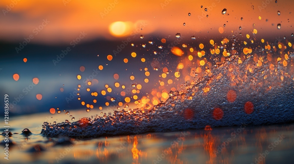 Poster close-up of water droplets splashing as they are hit by ocean waves, reflecting sunlight, with dynam