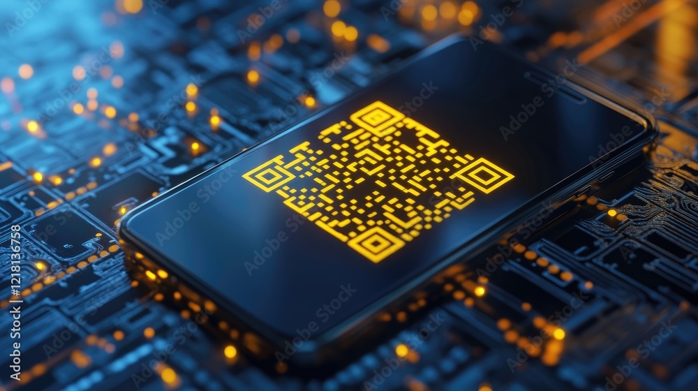 Aufkleber Conceptual 3D render of a smartphone displaying a yellow QR code, symbolizing the evolution of digital payments and the future of communication services
