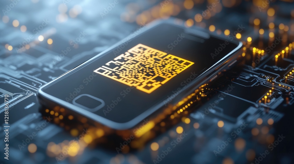 Poster Conceptual 3D render of a smartphone displaying a yellow QR code, symbolizing the evolution of digital payments and the future of communication services