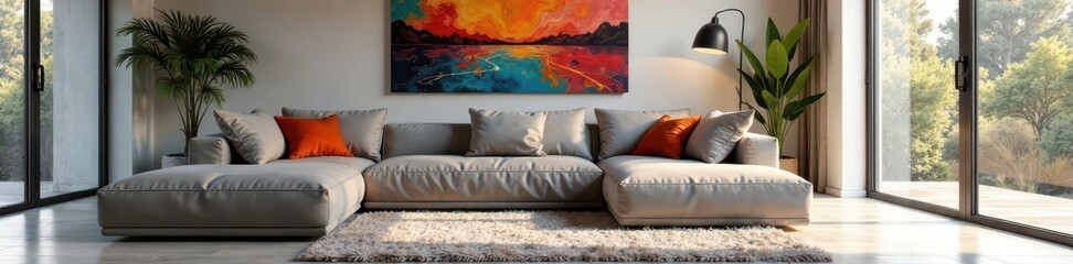 Sleek L-shaped sofa anchors modern living room, abstract art, fluffy rug , modern, apartment decor