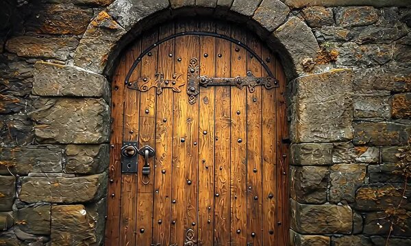 Ancient Wooden Door in Stone Archway, Autumn Setting