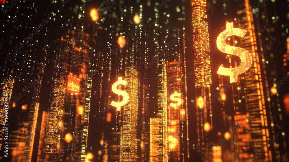 Poster Digital representation of CBDC technology, with glowing currency symbols and blockchain networks, illustrating the next evolution of central banking
