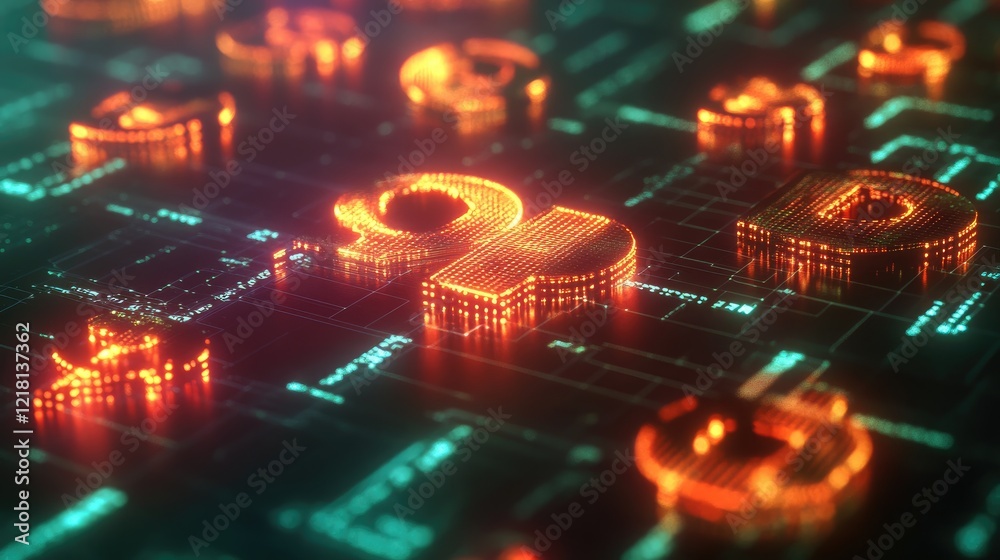 Poster Digital representation of CBDC technology, with glowing currency symbols and blockchain networks, illustrating the next evolution of central banking