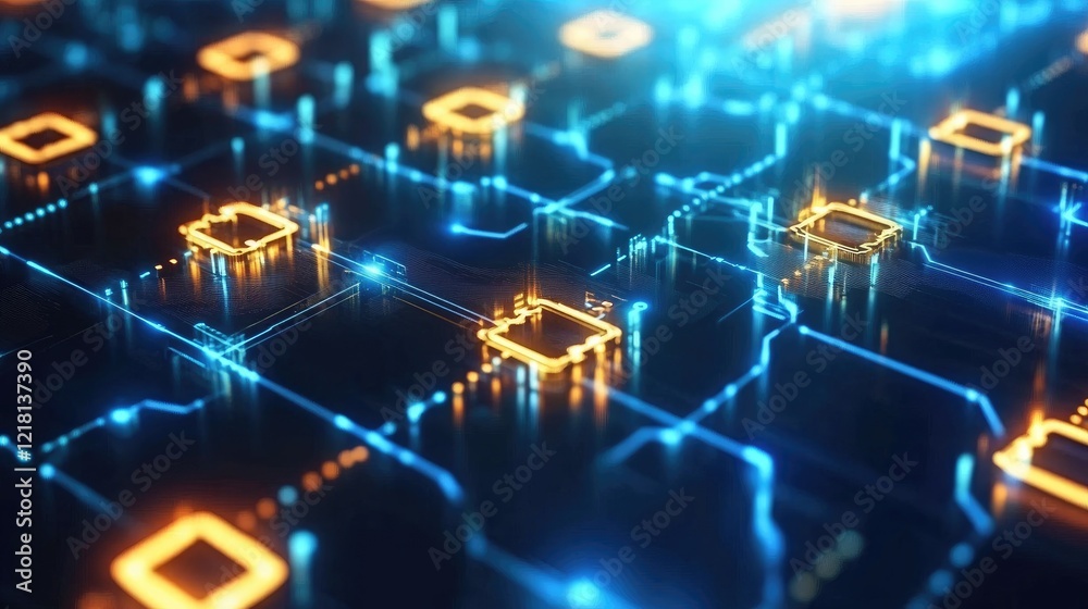 Poster Digital representation of CBDC technology, with glowing currency symbols and blockchain networks, illustrating the next evolution of central banking