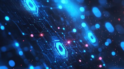 Naklejka premium Digital representation of CBDC technology, with glowing currency symbols and blockchain networks, illustrating the next evolution of central banking