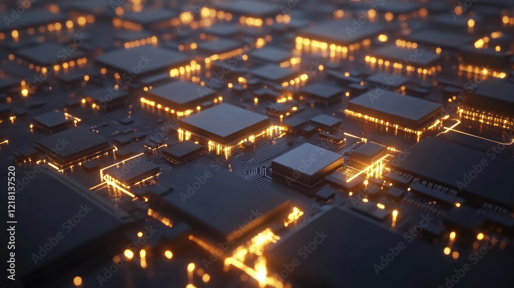 Poster High-tech 3D rendering of interconnected microchips, with intricate circuits and glowing lines, representing the future of technology