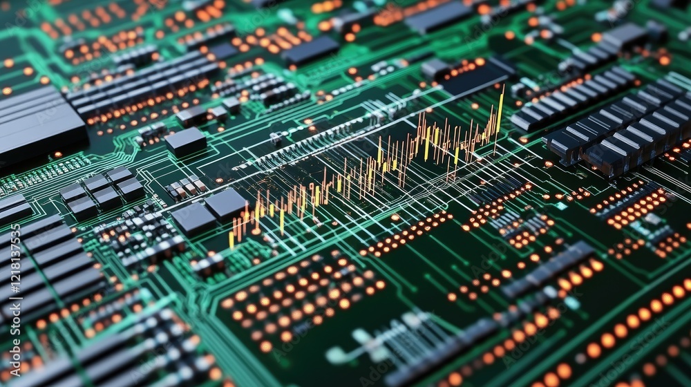 Poster high-tech image of a stock market candlestick chart overlaying a computer circuit board, symbolizing