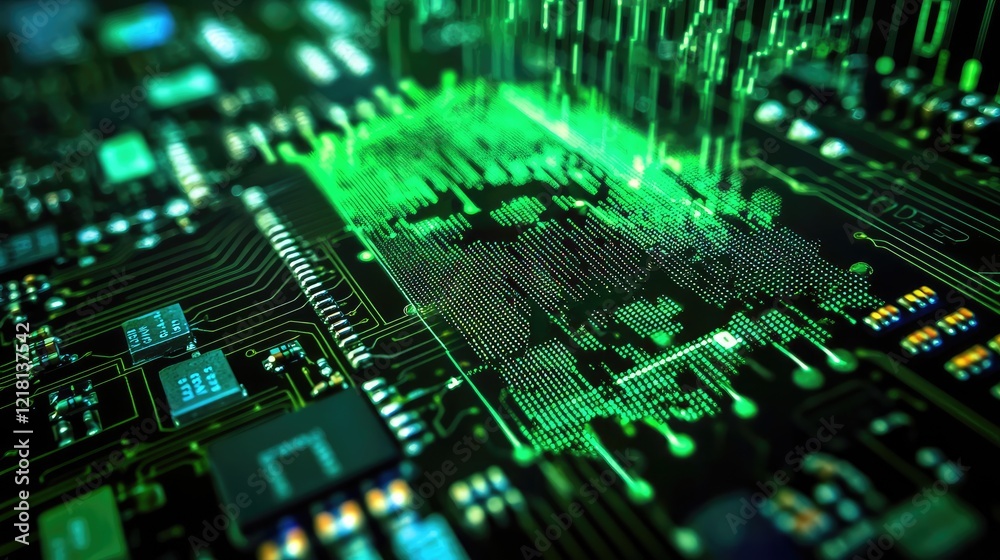 Poster high-tech image of a stock market candlestick chart overlaying a computer circuit board, symbolizing