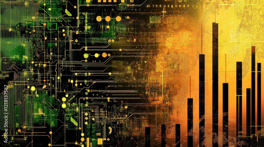 Poster High-tech image of a stock market candlestick chart overlaying a computer circuit board, symbolizing digital finance and trading platforms