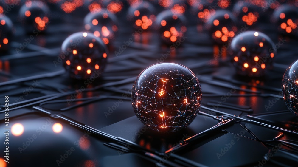 Poster High-tech visualization of AI cubes and spheres connected through glowing networks, representing the advanced nature of artificial intelligence and its capabilities