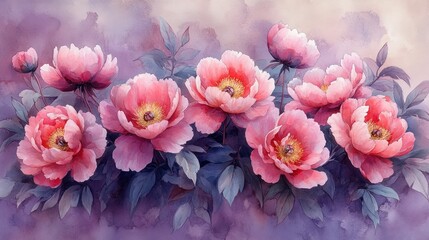 Pink peony blossoms watercolor painting.