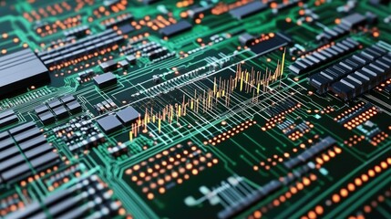 Obraz premium High-tech image of a stock market candlestick chart overlaying a computer circuit board, symbolizing digital finance and trading platforms