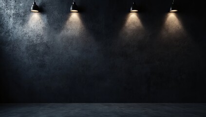 Dark room with three hanging lights illuminating a textured wall.