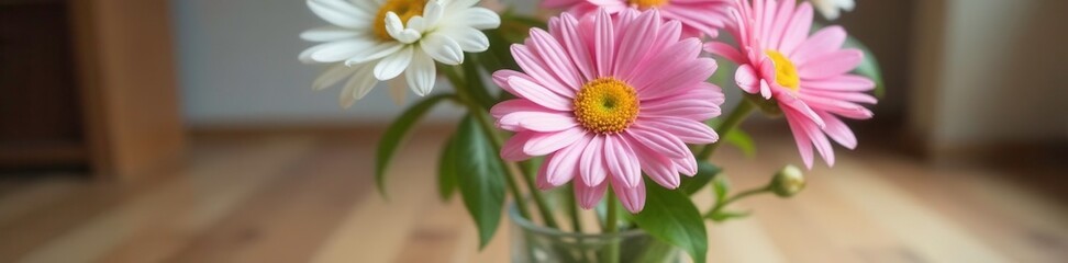 Fototapeta premium Glass vase filled with fresh white and pink daisies on a wooden floor, centerpiece, arrangement