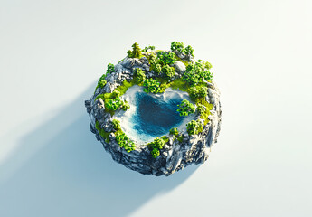 Fototapeta premium A cute little planet with green vegetation and trees on it, against a white background. This 3D rendering has an isometric view, with high resolution, surrealistic elements, and high levels 