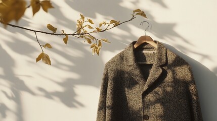 Autumn coat hanging, sunlit wall, leaves, fall fashion