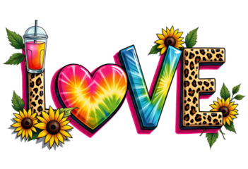 LOVE text with heart, drink, leopard print, sunflowers, transparent background
