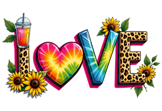 LOVE text with heart, drink, leopard print, sunflowers, transparent background