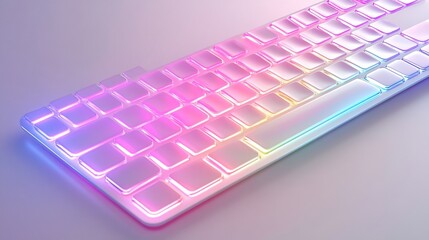 Illuminated keyboard, pastel colors, white background, tech product shot
