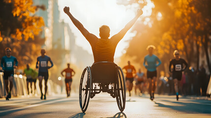 Inspiring disabled athlete celebrates triumph at marathon event in vibrant sunset with cheering crowd in background