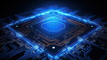 A close-up view of a futuristic microchip with glowing circuits and intricate designs.