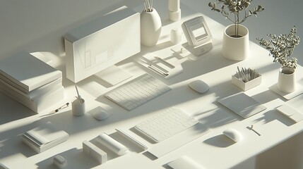 Obraz premium Minimalist white office desk, sunlight, mockup, stationery, workspace