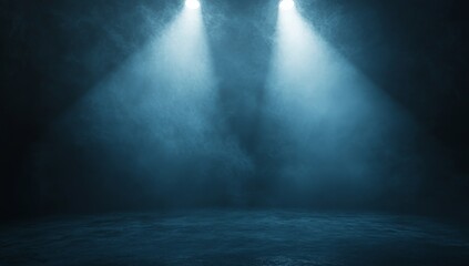 Two spotlights illuminate a smoky, dark blue stage.