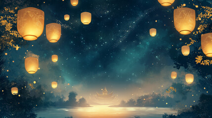 Fototapeta premium Waisak Lantern Banner with a night background filled with golden lanterns floating into the sky
