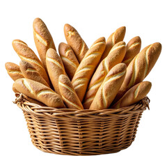 Many baguettes in wicker basket transparent background