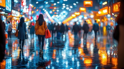 Urban nightscape with illuminated reflections and figures on a wet street
