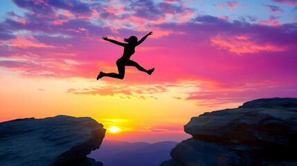 Silhouette of a Person Joyfully Jumping Between Rock Formations Against a Colorful Sunset Sky