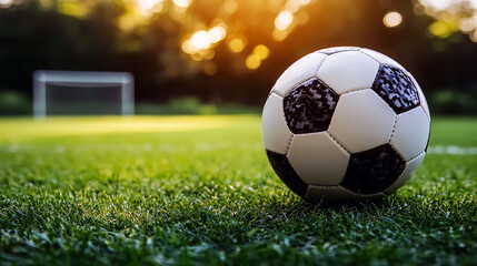 Obraz premium Close-up view of a soccer ball on a lush green field, with a blurred goal in the background, capturing the essence of a sunny summer sports day.