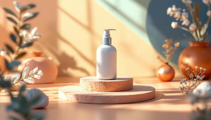 White Pump Bottle Displayed On Wooden Platform With Flowers