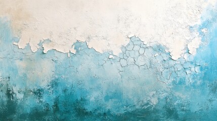 Textured blue and white wall, paint peeling. Ideal background for websites, blogs, and social media, evokes calmness, serenity.