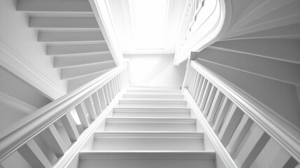 Fototapeta premium White staircase ascending, bright interior, architectural detail, home design