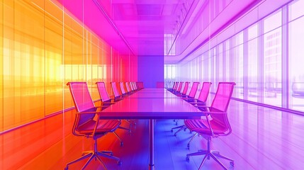 Vibrant office meeting room, city view, colorful glass walls, conference table