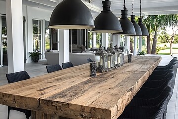 Rustic Wooden Dining Table with Outdoor Lighting