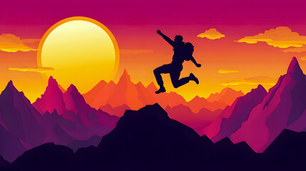 Energetic Hiker Jumping at Sunset Over Majestic Mountains with Vibrant Sky and Golden Sun
