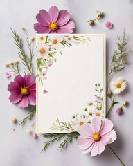 A blank wedding invitation adorned with a watercolor floral frame