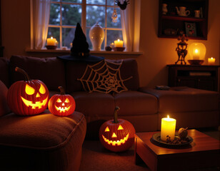 Spooky yet cozy Halloween living room decor with pumpkins and candles.