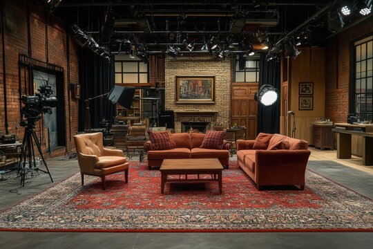 Rustic TV studio set with brick walls, vintage furniture, and a large area rug. Ideal for projects needing a retro or classic TV show atmosphere.